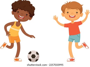 Boys playing soccer together. Happy kids characters