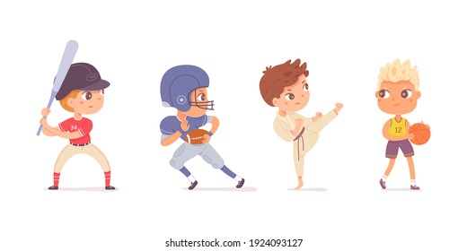 Boys playing sports set. Happy kids doing healthy exercise vector illustration. Children play karate, baseball with bat, rugby, basketball with ball isolated on white background.