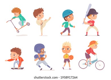 Jungen spielen Sportset. Fröhliche Kinder, die gesund Sport treiben, Vektorgrafik. Kinder auf Roller, Rollschuhe, Skateboard, Fahrrad, Spielkarate, Baseball, Rugby, Basketball auf weißem Hintergrund.