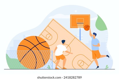 Boys playing streetball at sports ground. Vector illustration. Huge ball, playground, basketball hoop. Sport, courtside madness concept