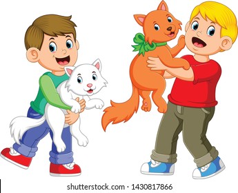 the boys are playing with their cats with the happy face