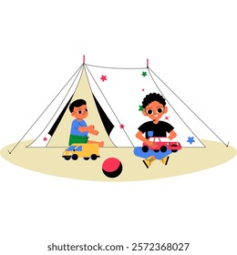 Boys Playing With Toy Cars Inside Tent In Flat Vector Illustration Symbolizing Camping Fun, Creativity, And Childhood Activities, Isolated On White Background