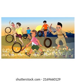 Boys Playing Tyre Ring Game Illustration.