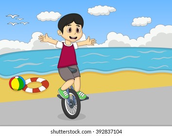 Boys playing unicycle at the beach cartoon vector illustration