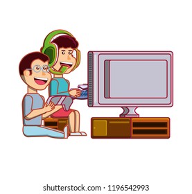 boys playing video game avatar character