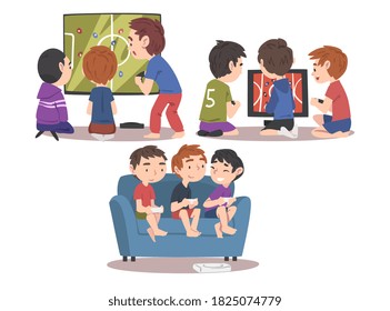 Boys Playing Video Game Together Set, Friends Having Fun with Computer Gaming Cartoon Style Vector Illustration