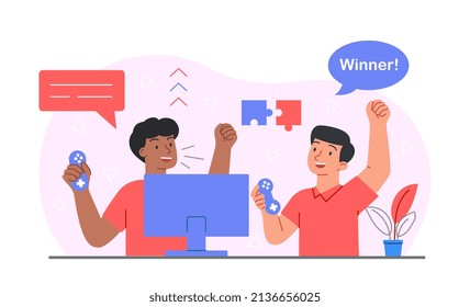Boys playing video games. Guys with joysticks in front of monitor. Modern technologies, entertainment and relaxation after school. Students and friends in room. Cartoon flat vector illustration