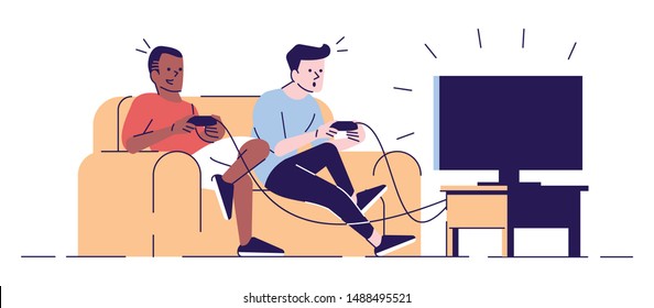 Boys playing videogame flat vector illustration. Students, roommates with joysticks looking at TV set screen, sitting on sofa isolated cartoon characters with outline elements on white background
