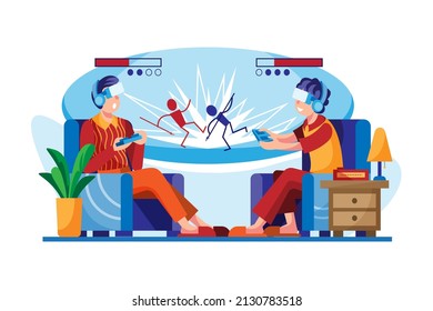 Boys playing virtual sword game