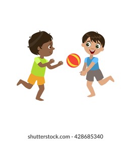 Boys Playing Volleyball Colorful Simple Design Vector Drawing Isolated On White Background