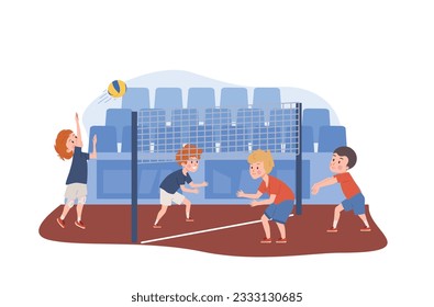 Boys playing volleyball on court against of the seating area. Happy children playing sport game together. Sport, health and leisure vector isolated illustration. Volleyball players cartoon characters