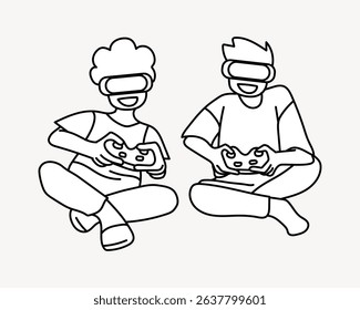Boys playing VR games doodle collage element vector