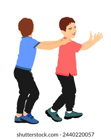 Boys plays train game by holding shoulder of the ahead child. Happy children play train game vector illustration isolated on white background. Brothers friend fun in playground park. Kids activity.