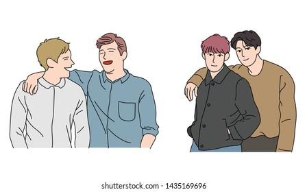 The boys are posing affectionately with their arms on their shoulders. close friend. hand drawn style vector design illustrations. 