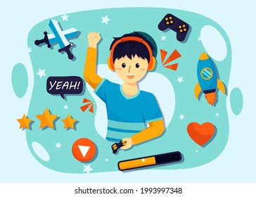 Boys practice games to compete in the big annual e-sports tournament. And he streaming online games through his video channel has a lot of followers. vector flat design illustration