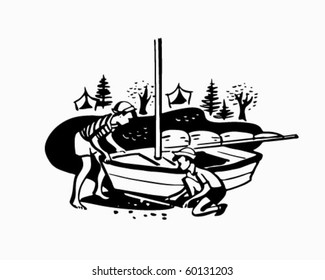 Boys Preparing Sailboat - Retro Clip Art