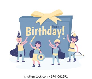 Boys with a present in carnival costumes for their birthday. To participate in the holiday, the friends changed into the costumes of the heroes. Postcard in blue. Flat vector illustration.