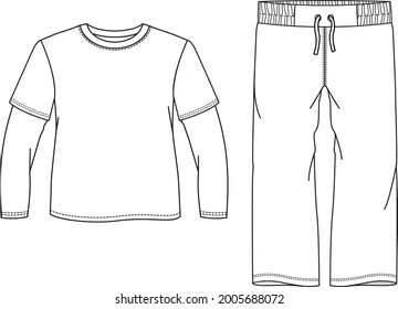 Los niños pajama set ilustración vectorial cuello de la tripulación camiseta de la manga del médico y plantilla de la prenda cómoda. plantilla de diseño de ropa de dormir para niños aislada en fondo blanco.