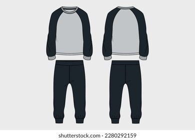 BOYS RAGLAN PAJAMA SET TOP AND PANTS FLAT SKETCH TECHNICAL TEMPLATE