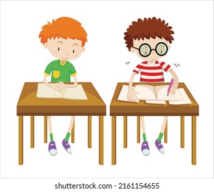 Boys read and writing on table character