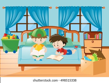 Boys reading book in the bedroom illustration