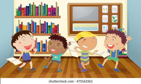 Boys reading books in classroom illustration