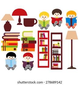 Boys reading books. Cute vector.