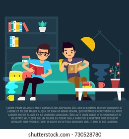 Boys reading books in living room and drinking tea. Vector illustration