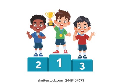 The boys received gold, silver and bronze medals. Stand on the winner's podium and hold the trophy.