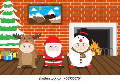 Boys in Reindeer, Santa Claus, Snowman costume in Christmas decorating house. Vector Cartoon for Christmas and New Year Card
