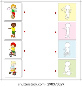 Boys ride bicycles and a skateboard. Educational game for kids. Choose the correct silhouettes on the opposite side and connect the points