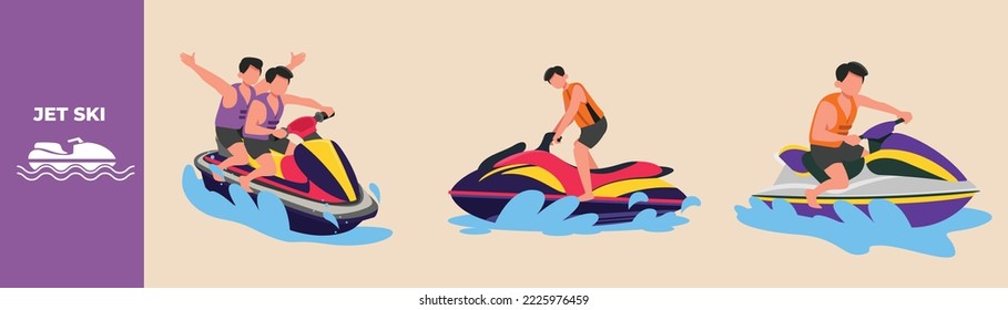Boys riding jet ski on the wave. Riding jet ski set concept. Flat vector illustrations isolated.