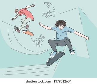 Los chicos van en patineta. ilustraciones de diseño vectorial de estilo dibujado a mano. 