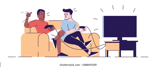 Boys rivalry in videogame flat vector illustration. Students, roommates holding joysticks. Happy winner, disappointed loser isolated cartoon characters with outline elements on white background
