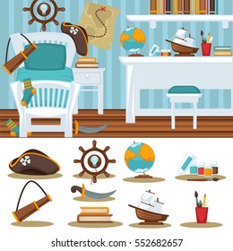 Boys room bedroom Child interior for boy. furniture and toys. Playroom for kid in flat style. Vector illustration