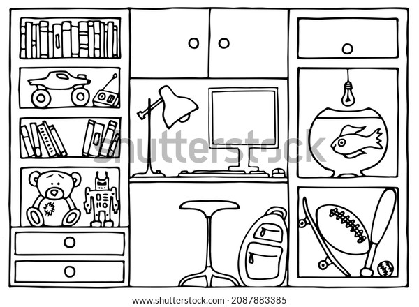 A
boy's room with books on the shelves, a rugby ball, a baseball bat
and a ball, a skateboard, an aquarium, a teddy bear, a robot, a
computer. Coloring for children. Hand Drawing.
Doodle.
