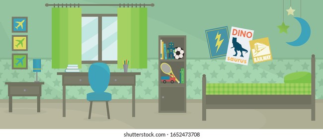 Boy's Room Interior Vector Design. Green And Blue Kid's Bedroom Furniture.