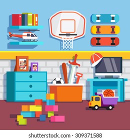 Boys room with toys skateboards and basketball ring.Flat style cartoon vector illustration with isolated objects.