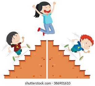 Boys Running Up And Down The Stairs Illustration