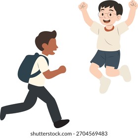 Meninos Correndo e Pulando, Dois meninos estão correndo e pulando com sorrisos em seus rostos. Um menino está correndo com uma mochila, enquanto o outro está pulando no ar com emoção.