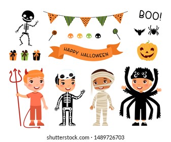 Boys in scary monsters costumes flat vector characters set. Children in devil, skeleton, mummy and spider outfits cartoon illustrations. Trick or treat tradition. Halloween party stickers pack