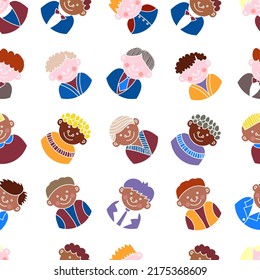 Boys school children, simple flat cartoon style.  Seamless background for fabrics, textiles, packaging and wallpaper, vector illustration.