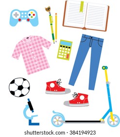 Boys school items set. Ball, scooter, jeans, sneakers, shirt, book, microscope, pen, pencil. Joystick vector illustration. 