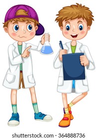 Boys in science gown writing and experimenting illustration