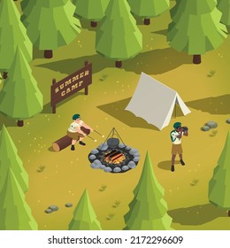 Boys scouts cooking marshmallow on fire and viewing through binoculars in summer camp in forest 3d isometric vector illustration