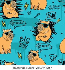 Boys seamless pattern with  capybara in glasses. Cartoon capybara for prints on T-shirts, children's clothing, cards and more