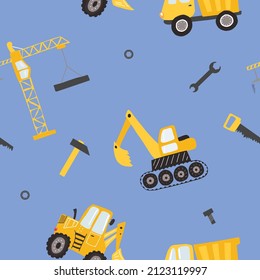 Boys seamless pattern with trucks,  bulldozer, excavatow, crane and other building equipment. Bright ornament for kids designs, wrapping paper, prints, fabric and other surface designs