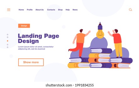 Boys searching for startup idea. Male characters standing on books flat vector illustration. Education, knowledge, school, university, startup concept for banner, website design or landing web page