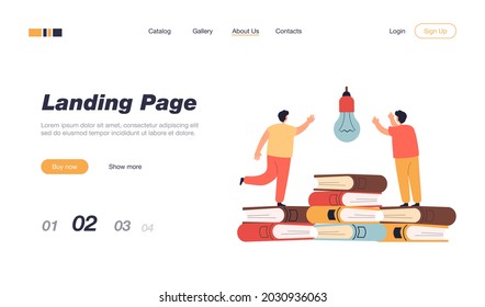 Boys searching for startup idea. Male characters standing on books flat vector illustration. Education, knowledge, school, university, startup concept for banner, website design or landing web page