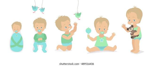 Boys set different ages from birth to five years. Vector illustration. Caucasian